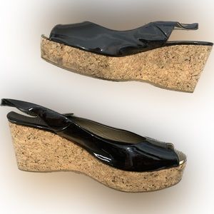 Jimmy Choo | Black Patent Leather Prova Slingback Cork Wedge Sandal | Size EU 41